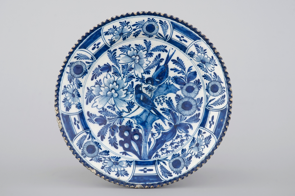 A good Dutch Delft blue and white &quot;ribbed&quot; dish with birds, 18th C.