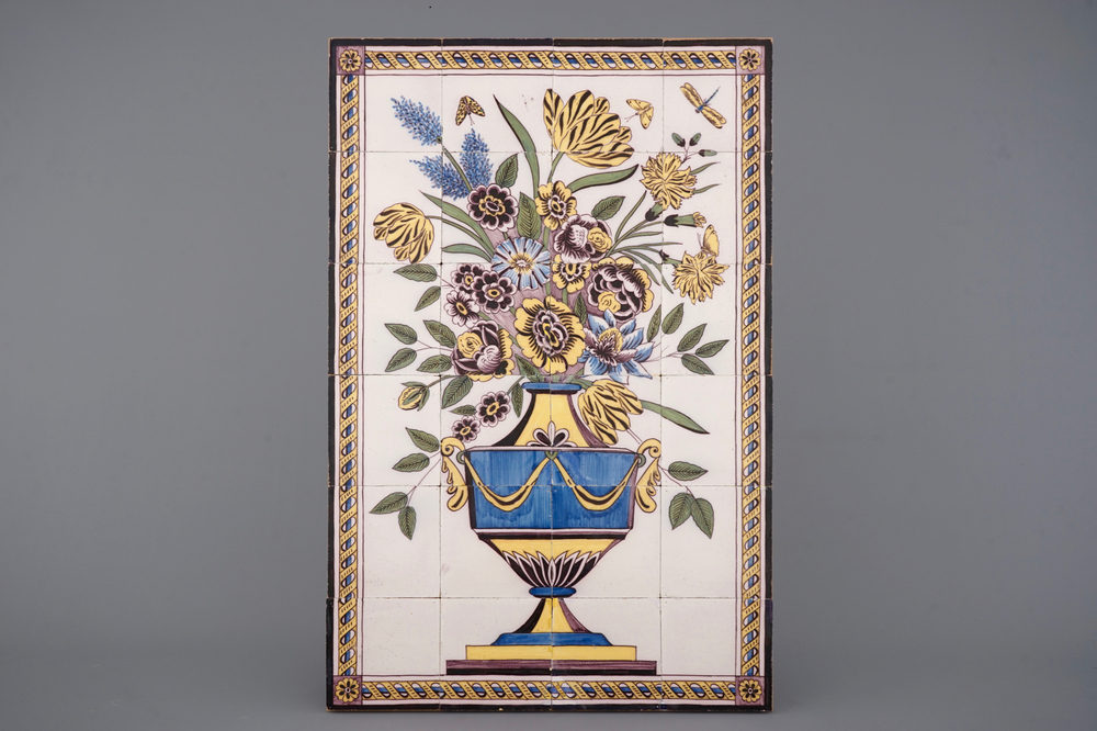 A large Dutch Delft polychrome tile mural with a flower vase, Utrecht, 19th C.