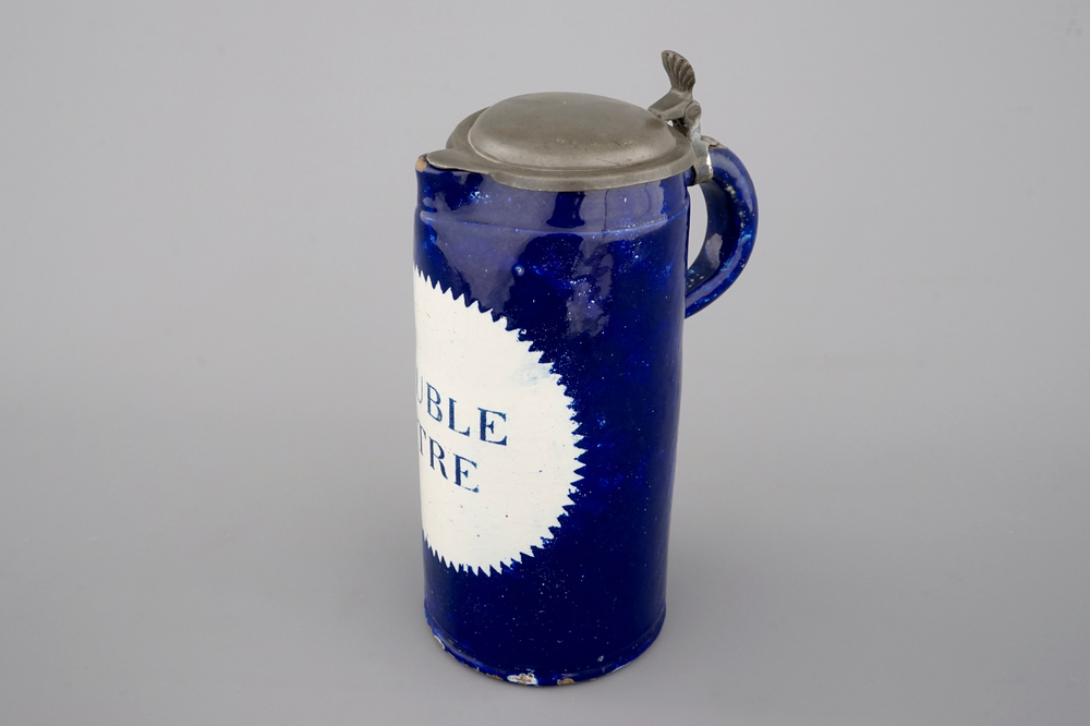 A tall Brussels faience double liter pewter-mounted beer stein, ca. 1800