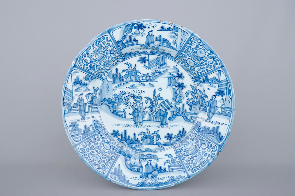 A massive blue and white chinoiserie dish, probably Frankfurt Delftware, 17th C.