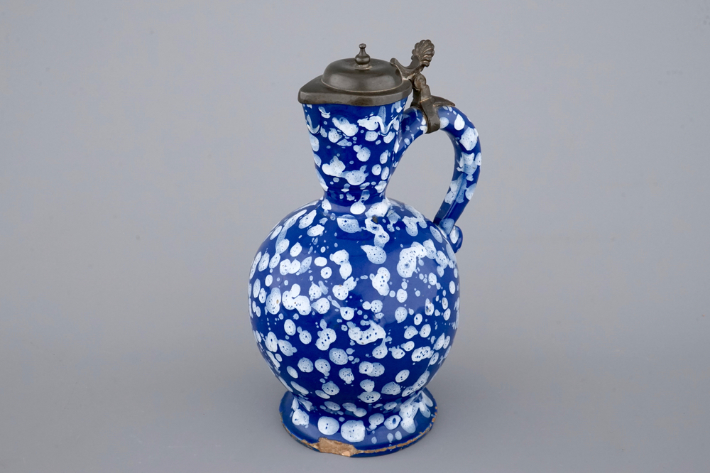 A rare Nevers pewter-mounted jug in &quot;Bleu Persan&quot; style, 17th C.