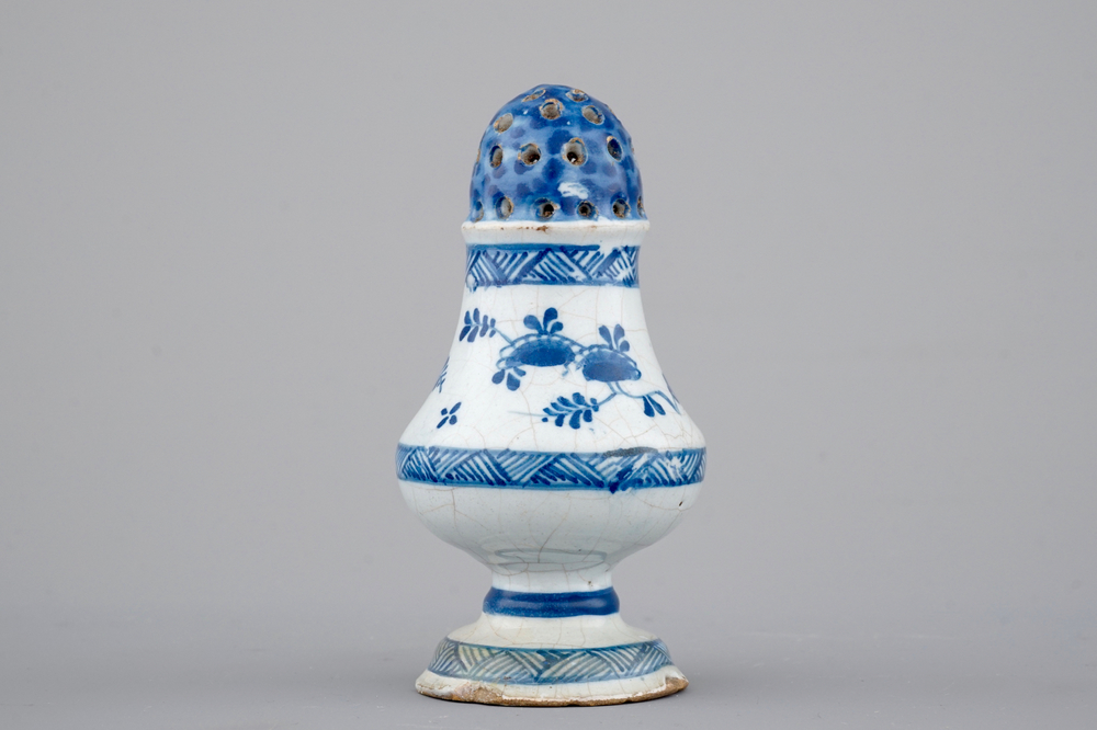 A blue and white Brussels faience sugar caster, 18th C.