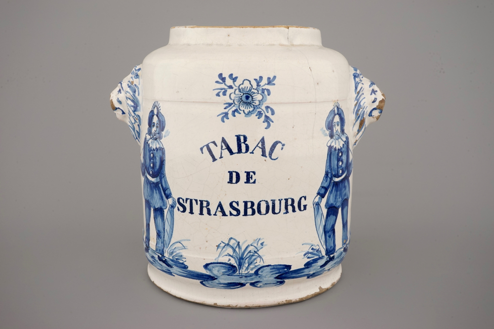 A Brussels faience tobacco jar &quot;Tabac de Strasbourg&quot;, 18th C.