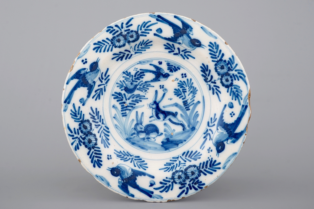 A rare Spanish blue and white dish with birds and hares, Talavera, 17th C.