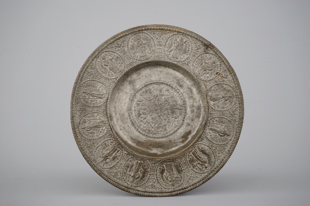 A German pewter relief plate, probably Nuremberg, early 17th C.