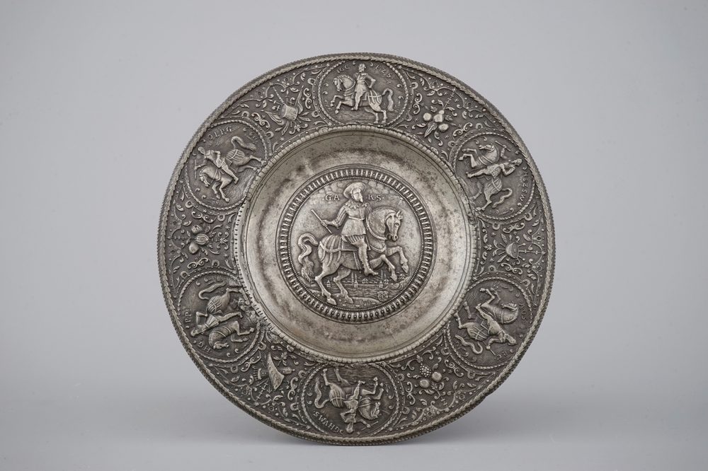 A German pewter relief plate, probably Nuremberg, early 17th C.