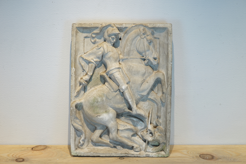 A plaster cast plaque of Saint Georges slaying the dragon, 19/20th C., Bruges