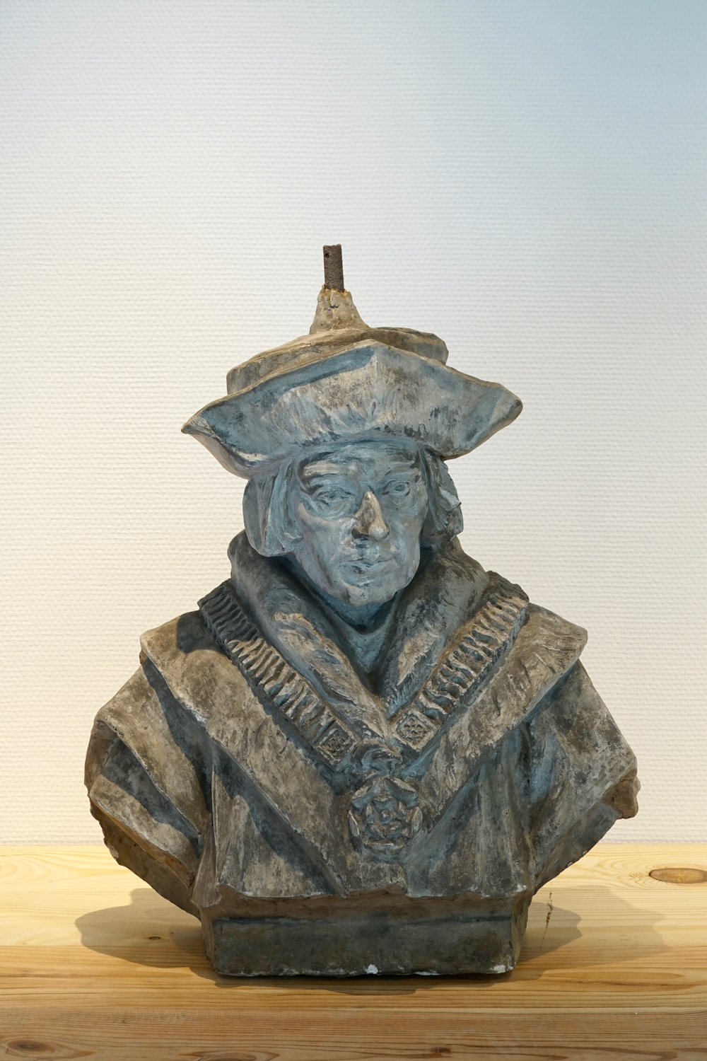 A plaster cast of a large bust of a renaissance nobleman, 19/20th C., Bruges