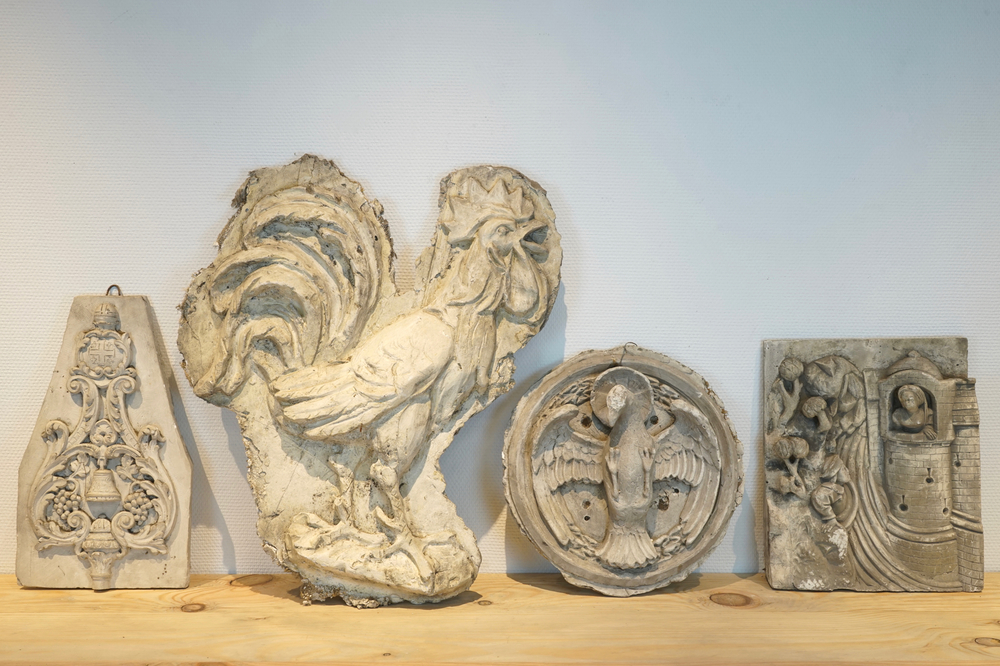 A set of four plaster casts including a cock and a pelican, 19/20th C., Bruges