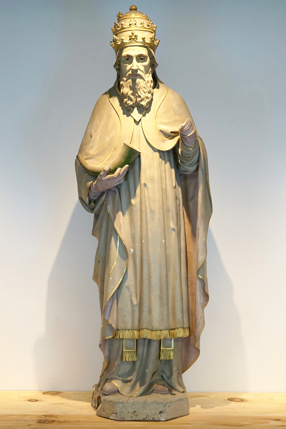 A massive 145 cm polychrome painted plaster cast of Pope Cornelius, 19/20th C., Bruges