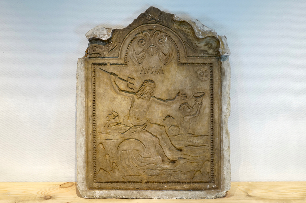 A plaster counter relief cast of a fireplace plaque inscribed AQUA, 19/20th C., Bruges