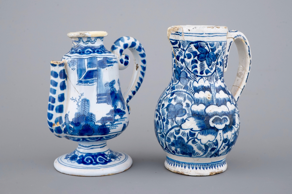 Two blue and white jugs, Delft and Nevers, 18th C.