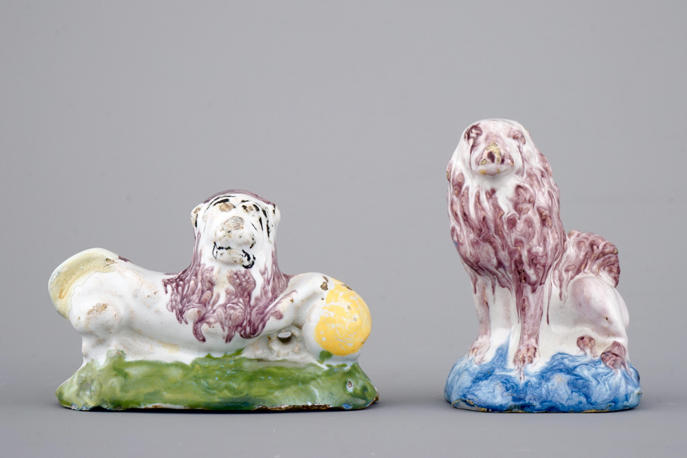 Two Dutch Delft models of a lion and a dog, 18th C.