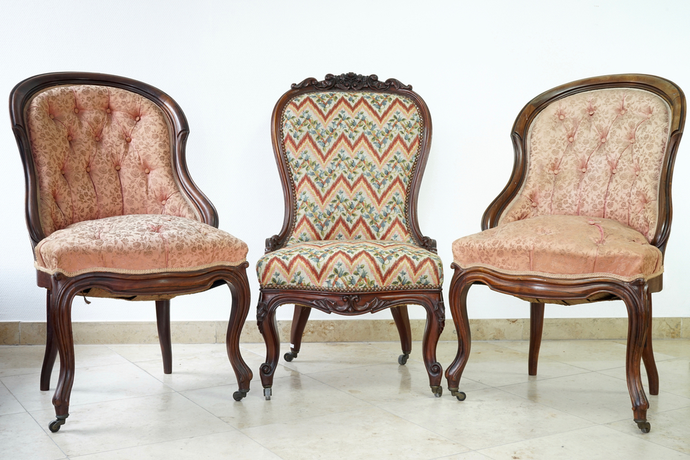 3 upholstered fauteuils en berg&egrave;re, Louis-Philippe, 19th C.