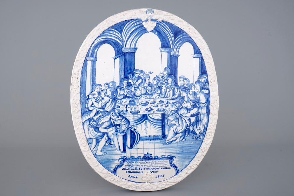 A massive dated Amsterdam Delftware plaque with &quot;The wedding at Cana&quot;, ca. 1743