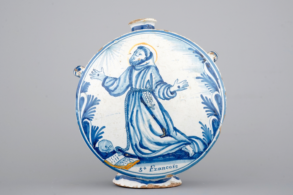 A French faience pilgrim's flask with St.-Francis, Nevers, 18th C.