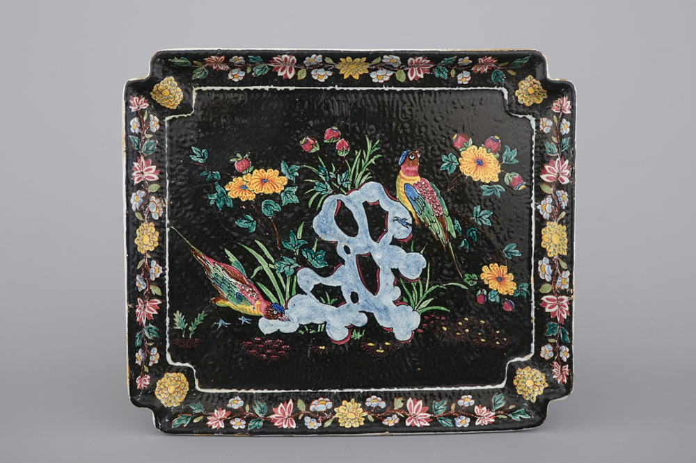 A black Delftware chinoiserie rectangular tray, 19th C.