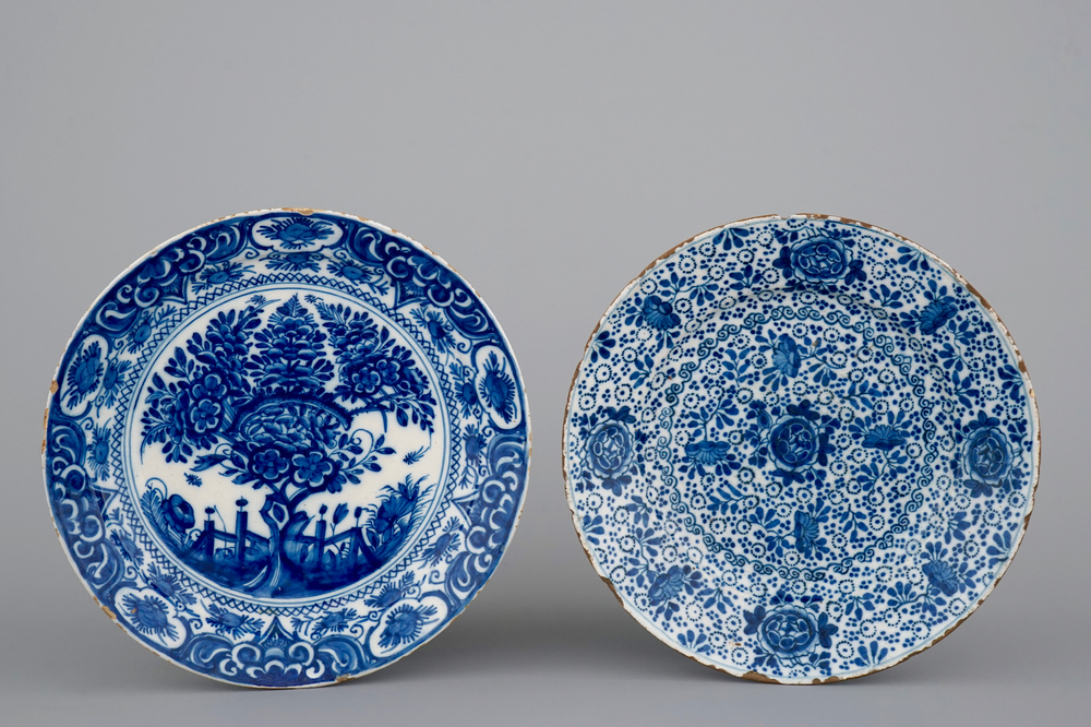 Two Dutch Delft blue and white plates with fine designs, 17/18th C.