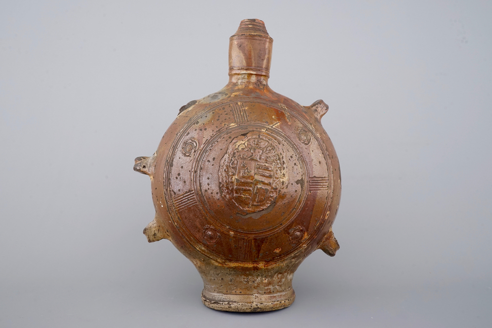A very large Raeren stoneware armorial gourd, ca. 1600