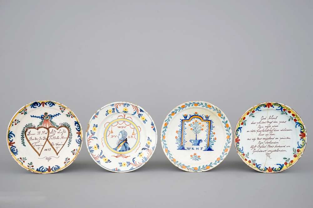 A lot of 4 polychrome Dutch Delft plates incl. a royal portrait plate, 18th C.