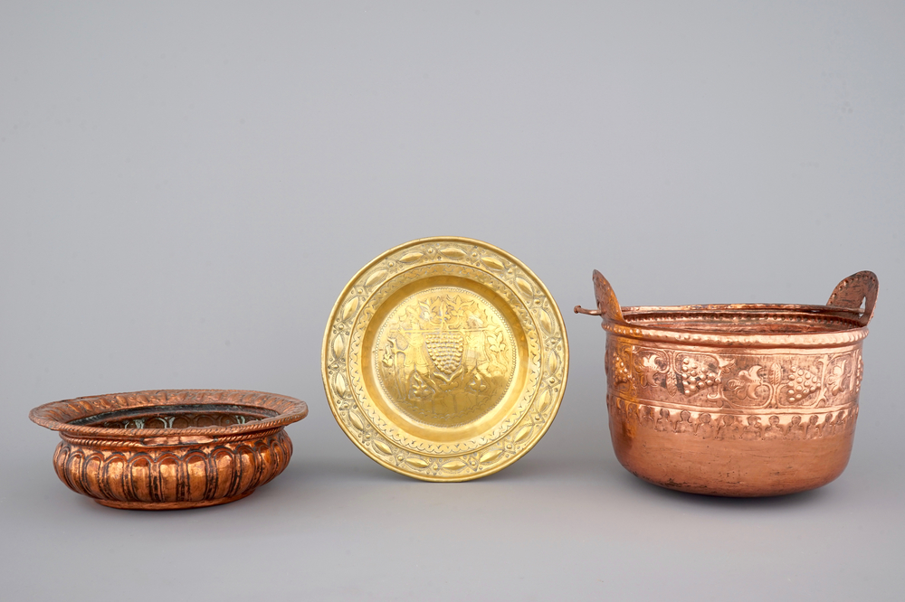 A Flemish brass alms dish, an Italian brass basin and a French brass kettle, all 17th C.