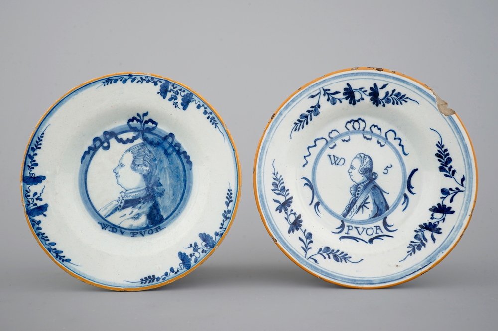 Two Dutch Delft blue and white royal portrait plates, 18th C.