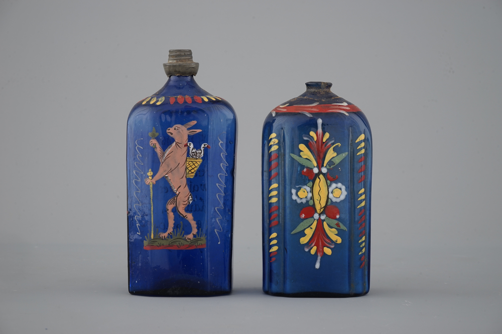 Two rare German painted blue glass flasks, 18th C.