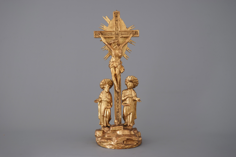 An Indo-Portuguese gilt wood calvary with crucifix, 18/19th C.