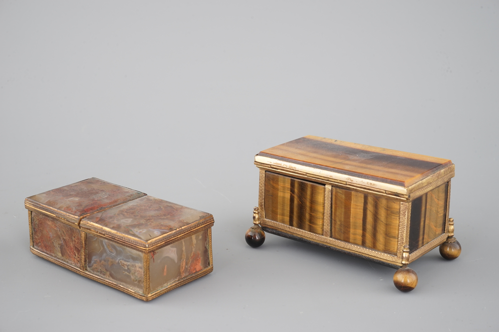 Two small natural stone and brass boxes, tiger eye and incrusted agate, 19th C.