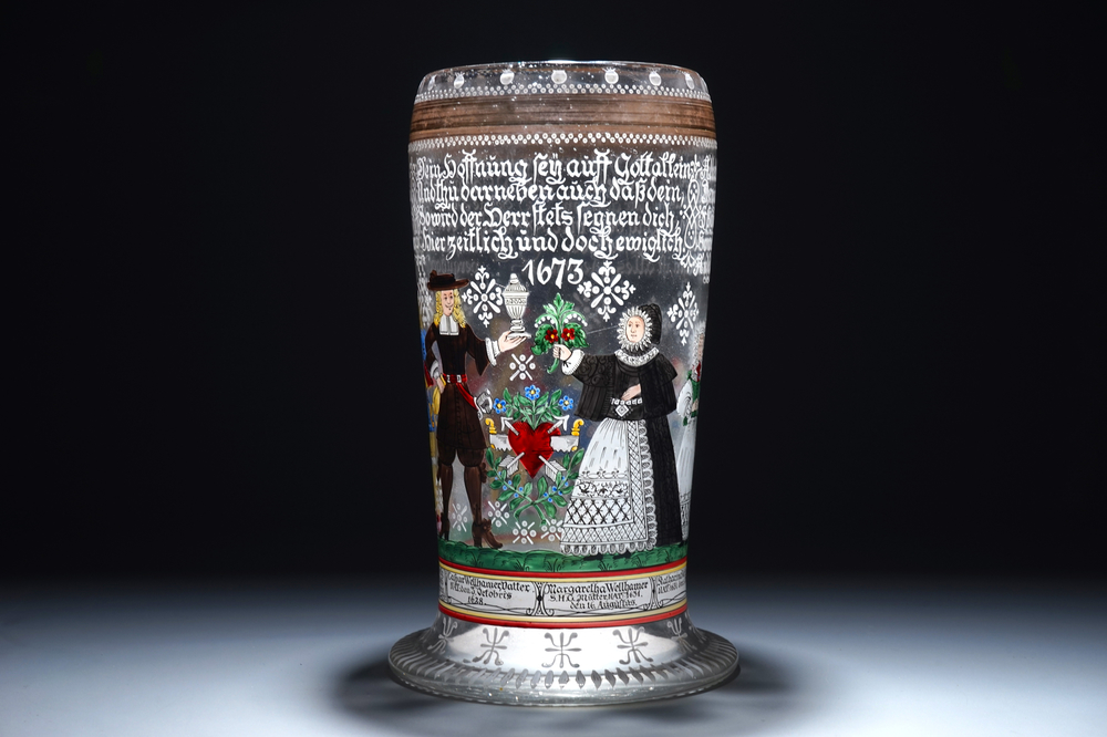 A large German painted wedding glass or stein, Fritz Heckert, Bohemia, 19th C.