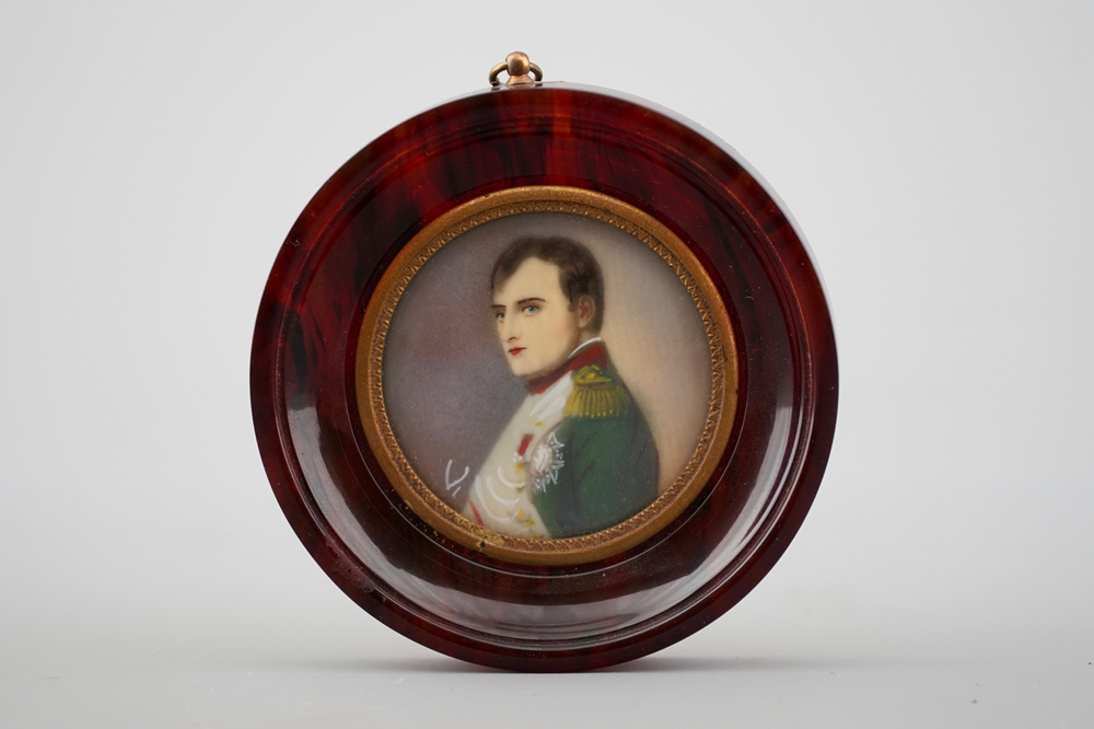 Napoleon, a miniature painted on ivory in imitation tortoise shell frame, 19th C.