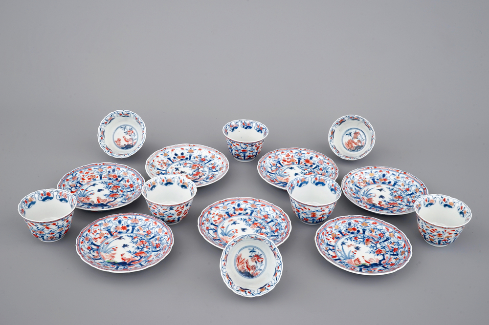 A set of Japanese imari porcelain cups and saucers, 18th C.