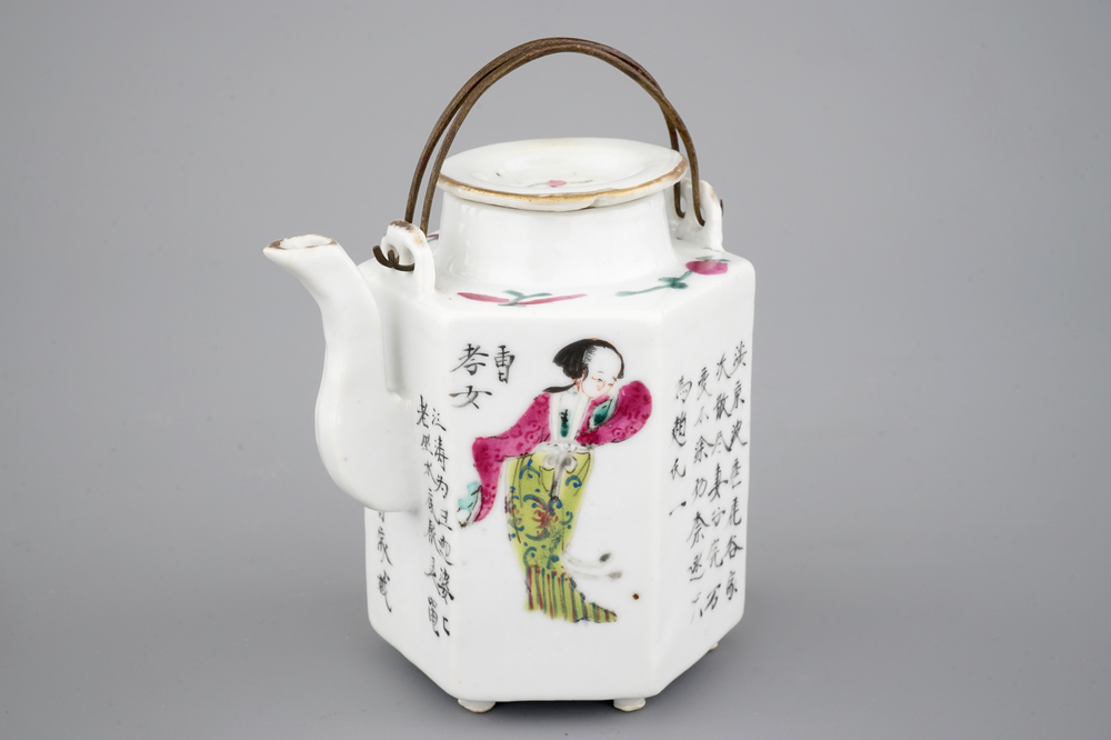 A Chinese hexagonal teapot with scenes from Wu Shuang Pu, 19th C.