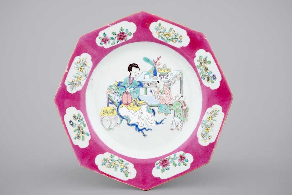A Chinese octagonal dish with ruby border, Yongzheng, 1722-1735