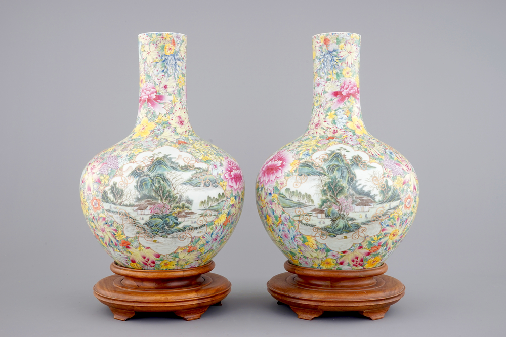 A massive and exceptional pair of millefiori tianqu ping vases, ca. 1900