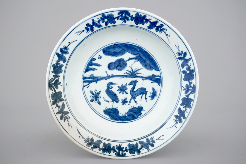 A Chinese blue and white deep bowl with a heron and a deer, Ming Dynasty