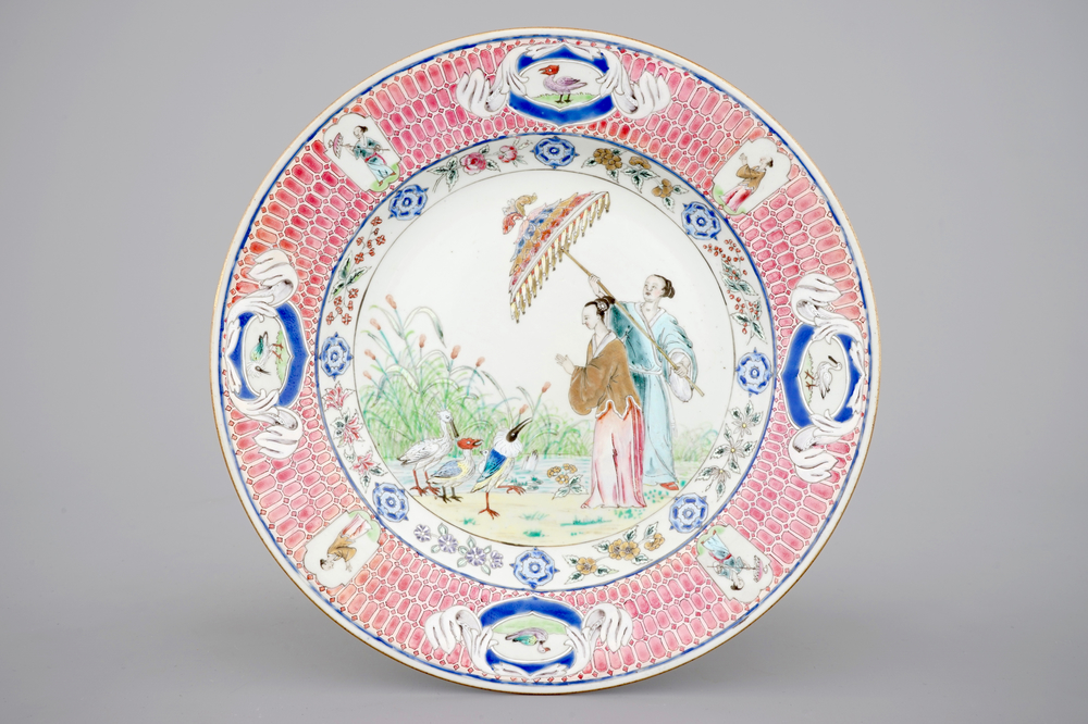 A Chinese famille rose dish after Cornelis Pronk: &quot;Dames au parasol&quot;, ca. 1736-1738