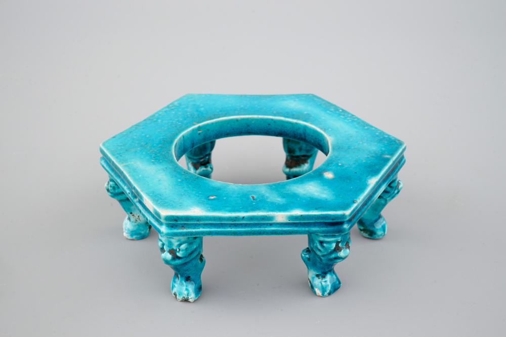 A Chinese porcelain hexagonal turquoise stand, Kangxi