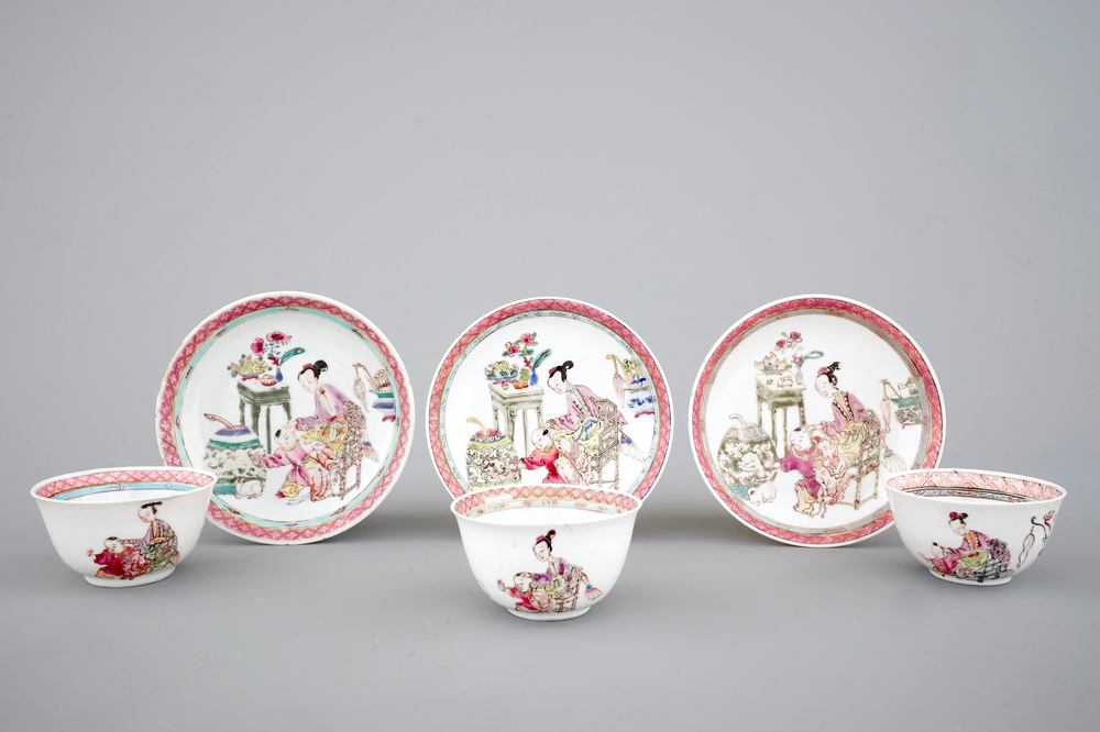 Een set van 3 fijne Chinese famille rose koppen en schotels, Yongzheng, 1722-1735