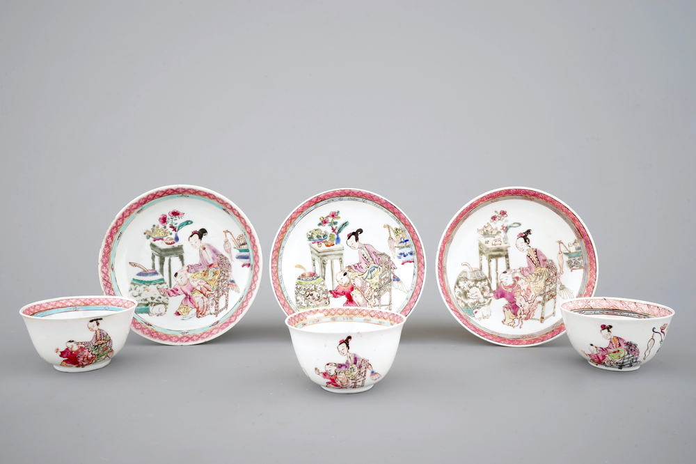 A set of three fine Chinese semi-eggshell famille rose cups and saucers, Yongzheng, 1722-1735