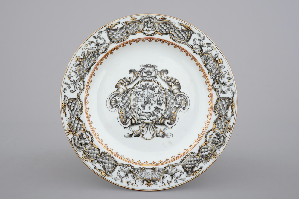 A Chinese grisaille and gilt porcelain armorial plate, 18th C.