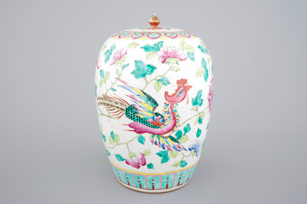 A Chinese polychrome ginger jar and cover with a phoenix, 19th C.