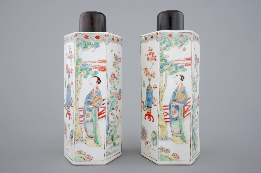 A pair of hexagonal Chinese famille verte tea caddies, Kangxi, ca. 1700