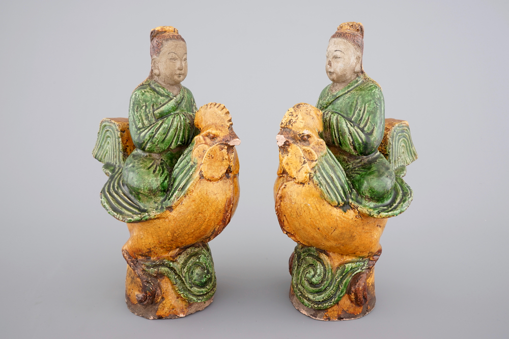 A pair of sancai glazed figural roof tiles, Ming Dynasty