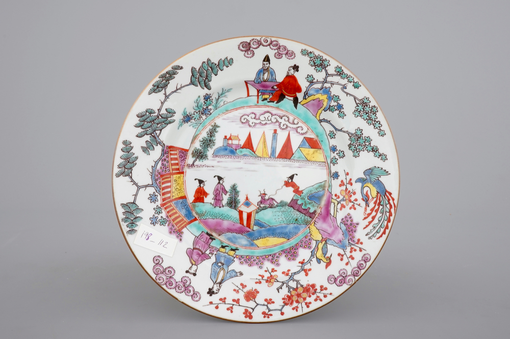 A European-decorated Chinese blanc de chine plate, 18th C.