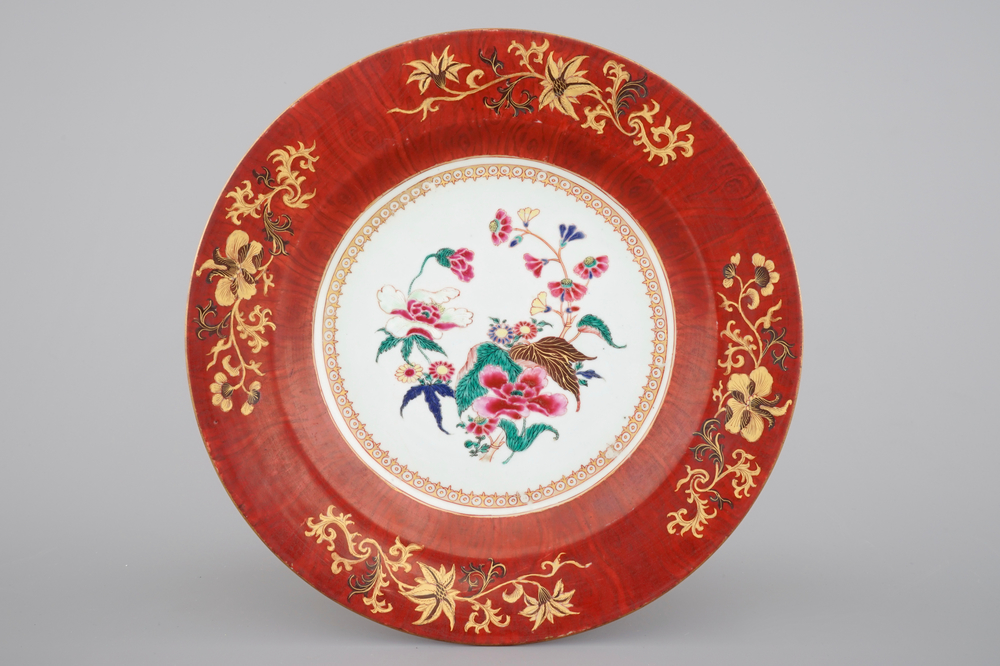 A rare Chinese export porcelain faux-bois bordered dish for the Portuguese market, Qianlong, 18th C.