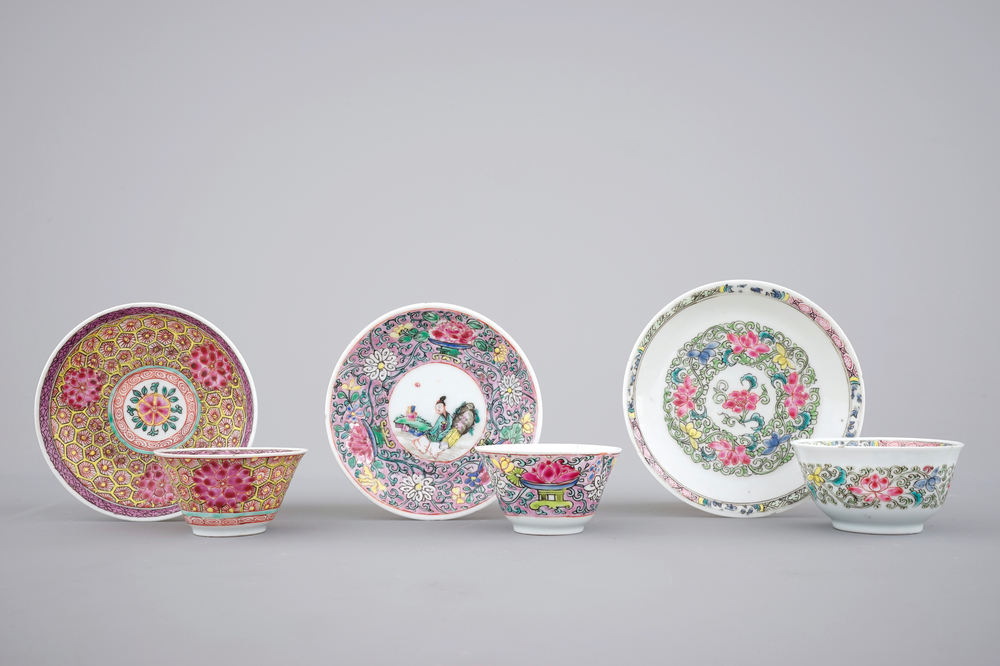 Three Chinese famille rose cups and saucers, Yongzheng and Qianlong, 18th C.