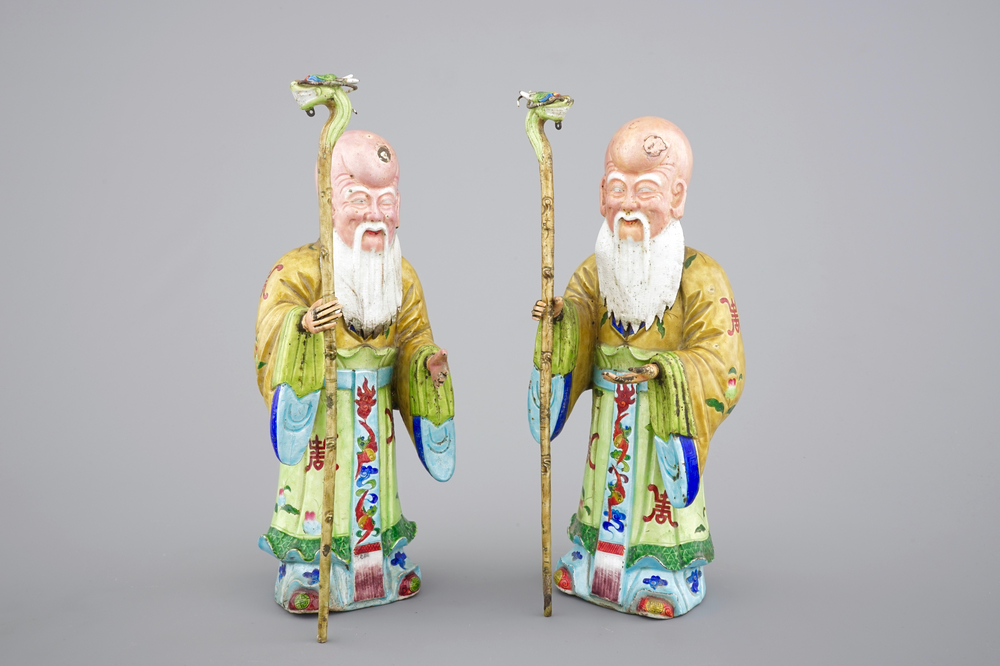 Two Chinese Canton enamel figures of Shou Lao, 18/19th C