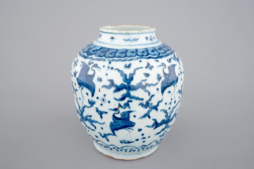 A blue and white Chinese Ming Dynasty &quot;One hundred cranes&quot; vase