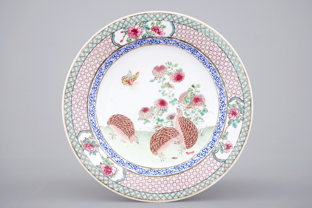 A Chinese eggshell ruby back porcelain plate with quails, Yongzheng, 1722-1735